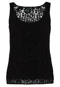 Top sin mangas de encaje negro con escote en forma de barco. Presenta intrincados patrones florales y una textura semitranslúcida.