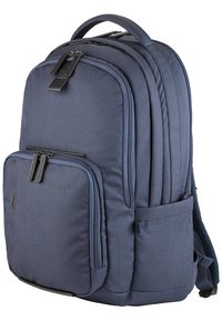 Zaino di tessuto blu navy con compartimenti imbottiti, doppie cerniere, tasca frontale e tasca laterale in rete. Manico rinforzato sulla parte superiore.