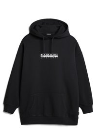 Sudadera negra hecha de tejido suave, con un bolsillo canguro frontal y el logotipo impreso en blanco "NAPAPIJRI geographic" en el pecho.