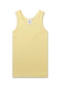 Gelbes Tanktop aus weichem Baumwollstoff, mit rundem Ausschnitt, breiten Trägern und einer kleinen weißen Schleifenakzent nahe dem Hals.