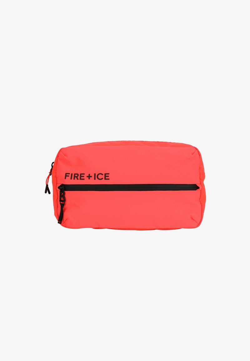 Korálová látková taštička s černým zipem a detaily, na přední straně s černým potiskem loga "FIRE + ICE". Obdélníkový tvar, hladká textura.