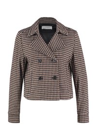 Doppelreihige Jacke mit einem Hahnentrittmuster in Braun und Creme, mit schwarzen Knöpfen, Reverskragen und einem cropped Design.
