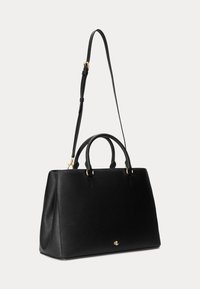 Crna strukturirana kožna torba s dvostrukim ručkama i podesivim remenom za rame, s malim zlatnim logotipom "RL" sprijeda.