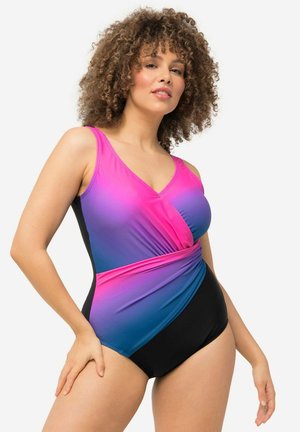 Eén stuk badpak met een verloop van roze naar blauw, met een zwarte onderkant en een aansluitend wikkelontwerp. Glad, rekbaar stoftextuur.