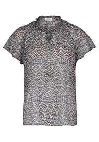 Transparante grijze blouse met geometrisch patroon, voorzien van zachte ruffles bij de halslijn en korte fladdermouwen, knoopdetails aan de voorkant.