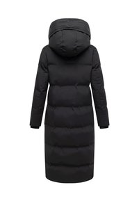 Black puffer coat featuring a spacious hood, long sleeves, and a knee-length design with quilted texture and thick insulation.