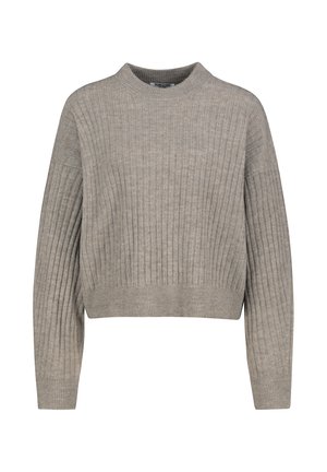Hellbrauner, gerippter Strickpullover mit langen Ärmeln und Rundhalsausschnitt, der eine leicht verkürzte, lässige Passform aufweist.