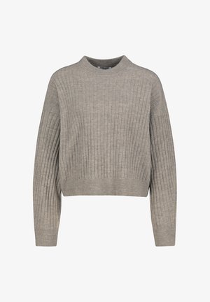 Hellbrauner, gerippter Strickpullover mit langen Ärmeln und Rundhalsausschnitt, der eine leicht verkürzte, lässige Passform aufweist.