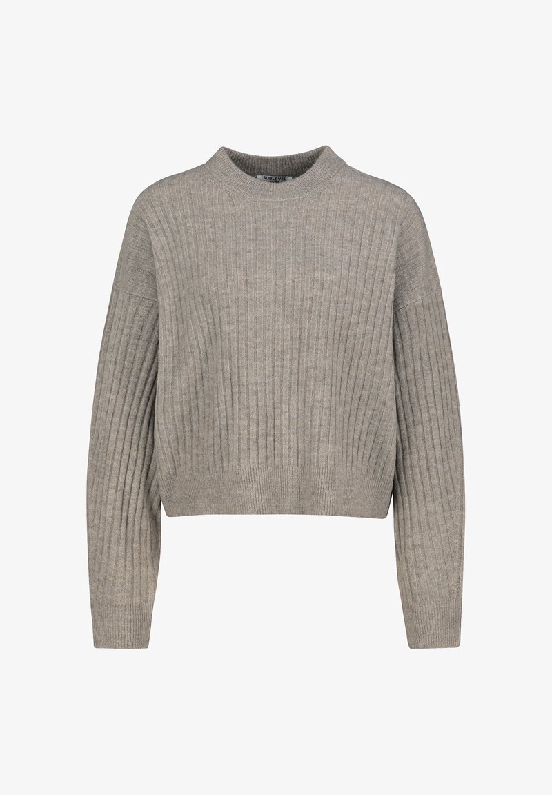 Hellbrauner, gerippter Strickpullover mit langen Ärmeln und Rundhalsausschnitt, der eine leicht verkürzte, lässige Passform aufweist.