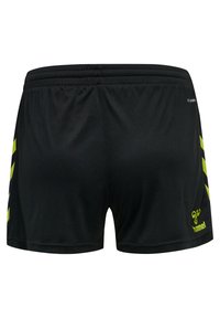Pantalones cortos deportivos negros con un patrón de chevrón amarillo en los lados, que cuentan con una cintura elástica y una textura suave.