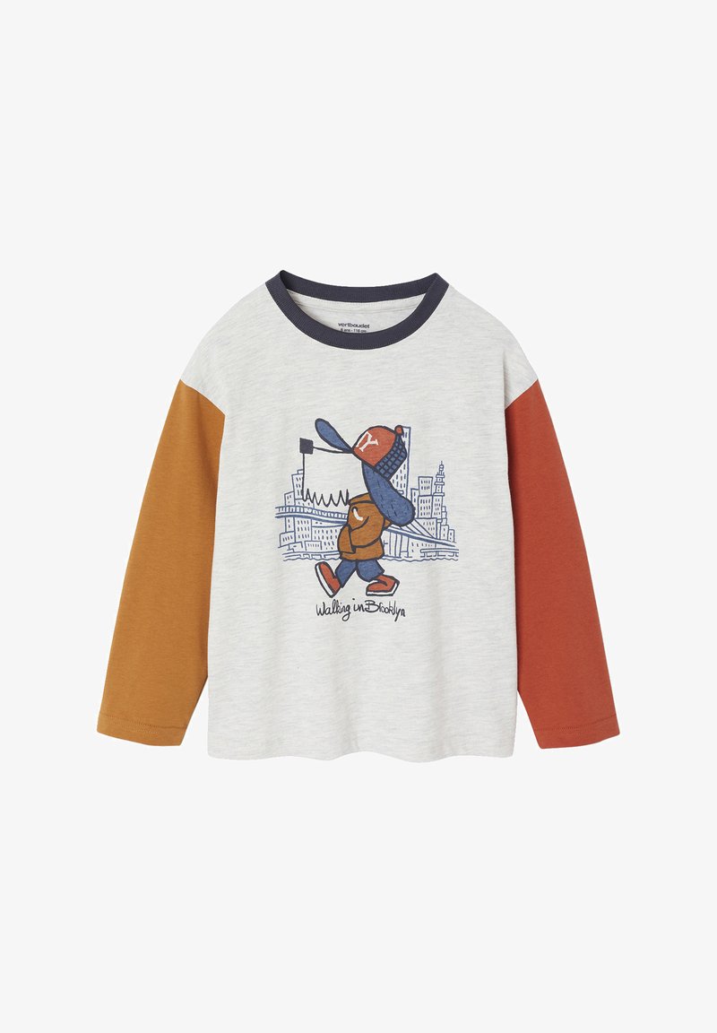 Long-sleeve t-shirt with a grey body, orange sleeves, navy collar, and a blue cartoon graphic of a character walking in Brooklyn.