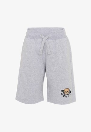 Pantaloncini per bambini di colore grigio chiaro con vita elastica, coulisse, tasche laterali e un piccolo logo a forma di faccia di orso con la scritta "Moschino" sulla gamba.
