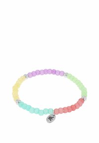 Braccialetto colorato con perline, caratterizzato da perline pastello in viola chiaro, giallo, verde, blu e rosa, con accenti in argento e charm con logo.