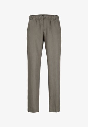 Straight-leg men's trousers in light olive green with elastic waistband, button closure, and side pockets.