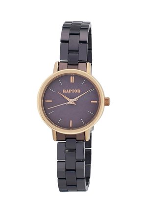 Black ceramic watch with a round gold bezel and dark gray dial. Features gold hour markers and hands, with a link bracelet design.