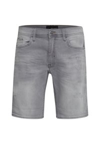 Pantalones cortos de mezclilla gris con un patrón desgastado, cinco bolsillos y un cierre de botón. Textura suave con un corte relajado y recto.