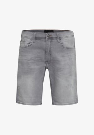 Pantalones cortos de mezclilla gris con un patrón desgastado, cinco bolsillos y un cierre de botón. Textura suave con un corte relajado y recto.