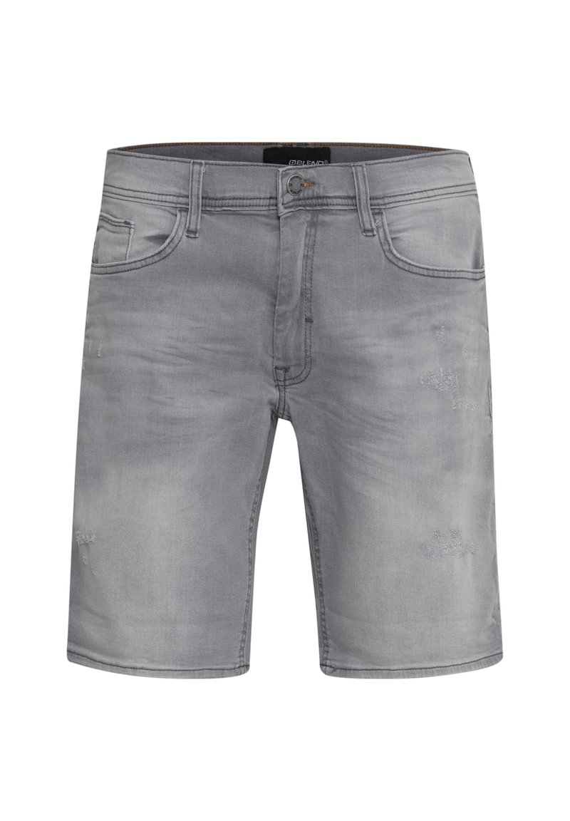 Pantalones cortos de mezclilla gris con un patrón desgastado, cinco bolsillos y un cierre de botón. Textura suave con un corte relajado y recto.