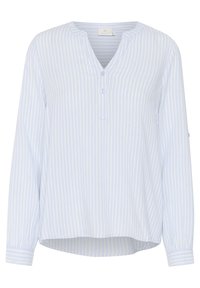 Chemise manches longues à rayures bleues et blanches avec un col en V, fermeture par boutons et un ourlet légèrement arrondi, en tissu léger.