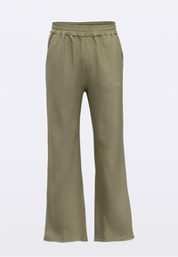 Šviesiai alyvuogių žalios plačios kelnės iš minkštos medžiagos, su elastine juosmens juosta ir šoninėmis kišenėmis. Lygus paviršius su siūlių detalėmis.