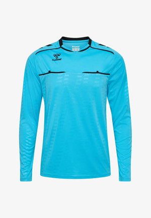 Langærmet målmandstrøje i klart turkis stof med sorte detaljer, med rund halsudskæring og subtilt struktureret mønster.