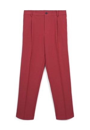 Pantaloni rossi realizzati in tessuto liscio, con design a gamba dritta, chiusura frontale con bottone e due pieghe frontali. Vita regolabile per una vestibilità ottimale.