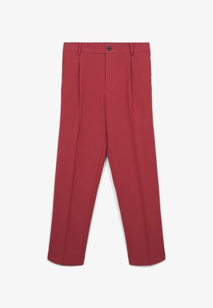 Pantalon rouge en tissu lisse, avec une coupe droite, une fermeture à bouton à l'avant et deux plis avant. Taille ajustable pour un meilleur ajustement.