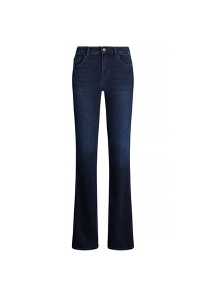 Jeans en denim bleu foncé avec un design à jambe évasée, taille mi-haute, poches avant et fermeture à bouton. Texture lisse avec un léger délavage.