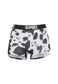 Črne in bele boxer hlače z vzorcem kravje kože, z črnim elastikastim pasom, ki nosi bel PSD logotip.