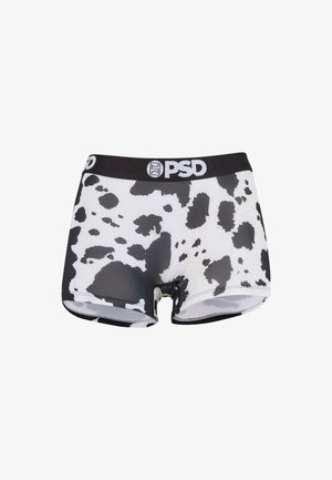Zwart-witte koeienprint boxer briefs met een zwarte elastische tailleband featuring het witte PSD-logo.