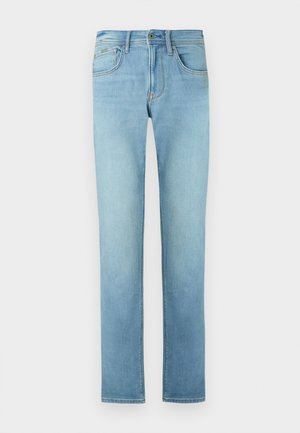 Jean droit bleu clair en denim, doté de cinq poches, d'une braguette zippée et d'un léger effet délavé, présentant une texture lisse.