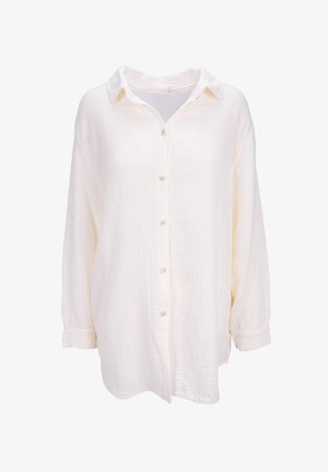 Weißes Hemd mit strukturierter Stoffoberfläche, ausgestattet mit einem Kragen, langen Ärmeln und Knöpfen an der Vorderseite.