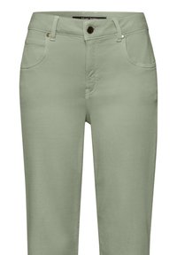 Light green cotton blend pants featuring a slim fit, five pockets, front button closure, and subtle stitching detail.