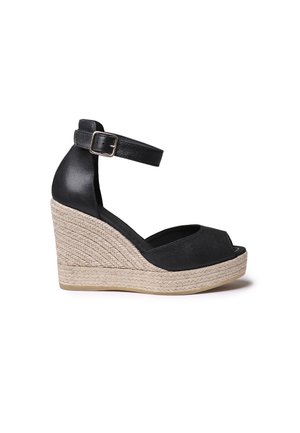 Schwarze Keilsandalen mit offenem Zehenbereich, Obermaterial aus Leder, verstellbarem Knöchelriemen und einer Sohle aus gewebtem Jute. Verfügen über ein strukturiertes Finish und einen hohen Absatz.