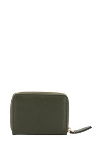Green leather wallet with a textured surface, rectangular shape, gold zipper, and a side loop on the bottom for easy opening.