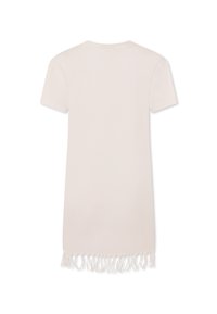 Abito t-shirt in cotone beige chiaro, con maniche corte, scollo rotondo e orlo frangiato. Texture liscia con vestibilità regular.