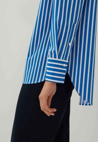 Modrá a bílá pruhovaná košile s špičatým límcem, zapínacími manžetami a mírně delším zadním lemem. Vyrobena z hladkého materiálu.