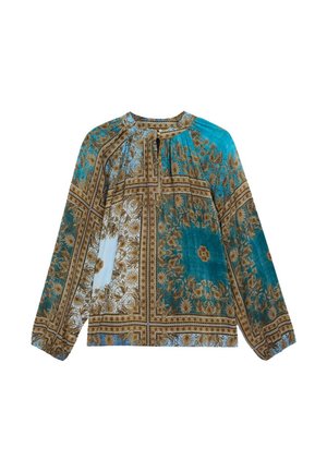 Langarm blouse met een turquoise en bruine gedetailleerde patroon, geplooide details bij de hals en een losse pasvorm. Lichte stof.