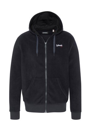 Sort fleece zip-up hoodie med frontlommer, justerbare snoretræk, ribbede manchetter og "Schott NYC" logo på brystet.