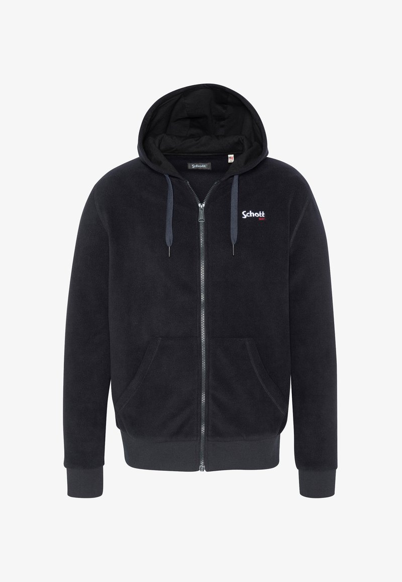 Sudadera con cremallera de forro polar negro, con bolsillos frontales, cordones ajustables, puños acanalados y el logo "Schott NYC" en el pecho.