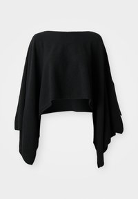 Poncho negru cu un design lejer și fluid, realizat dintr-un material moale. Prezintă un guler înalt și mâneci drapate, cu un tiv ușor asimetric.