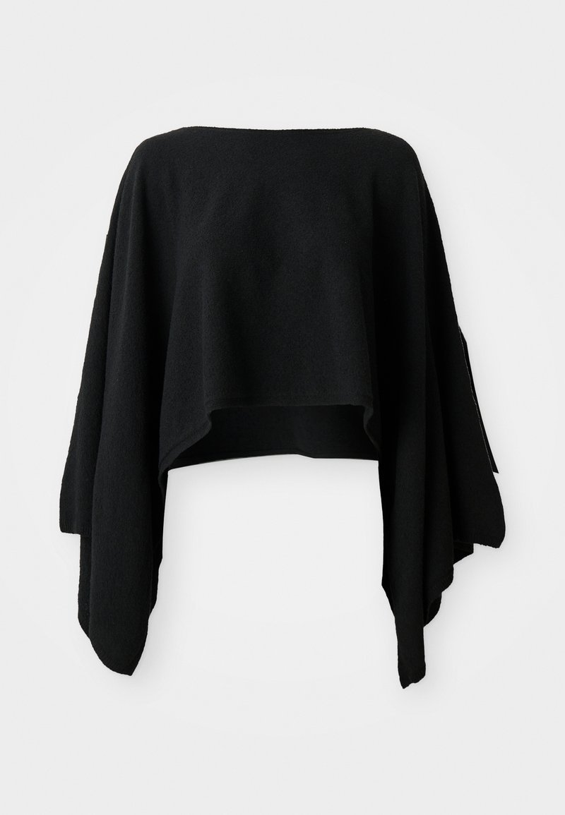 Poncho negru cu un design lejer și fluid, realizat dintr-un material moale. Prezintă un guler înalt și mâneci drapate, cu un tiv ușor asimetric.