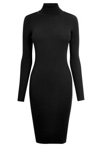 Robe noire côtelée à col roulé avec manches longues, coupe ajustée et longueur jusqu'aux genoux. Fabriquée en tissu extensible pour plus de confort.