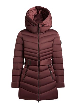 Burgundi punane sulejope kõrge kraega, vöökohal vööga, horisontaalse õmblusmustri ja lukkudega taskutega; sile ja läikiv tekstuur.