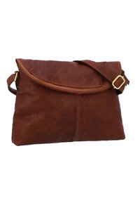 Brown leather bag with a fold-over flap, zip closure, and a detachable strap. Features smooth texture and simple stitching detail.