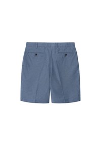 Pantaloni blu in tessuto texturizzato, con vita, passanti per cintura e due tasche posteriori con bottoni neri. Vestibilità sartoriale con pince.