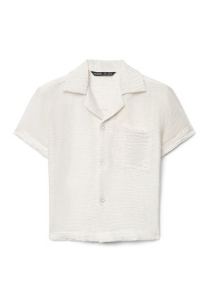 Camicia bianca a maniche corte in tessuto strutturato. Presenta un colletto, una chiusura frontale con bottoni e una tasca applicata singola sul lato sinistro.