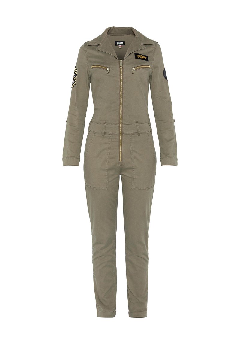 Khaki-Overall aus Baumwollmischgewebe. Verfügt über einen Reißverschluss vorne, lange Ärmel und zwei Brusttaschen mit gestickten Patches.