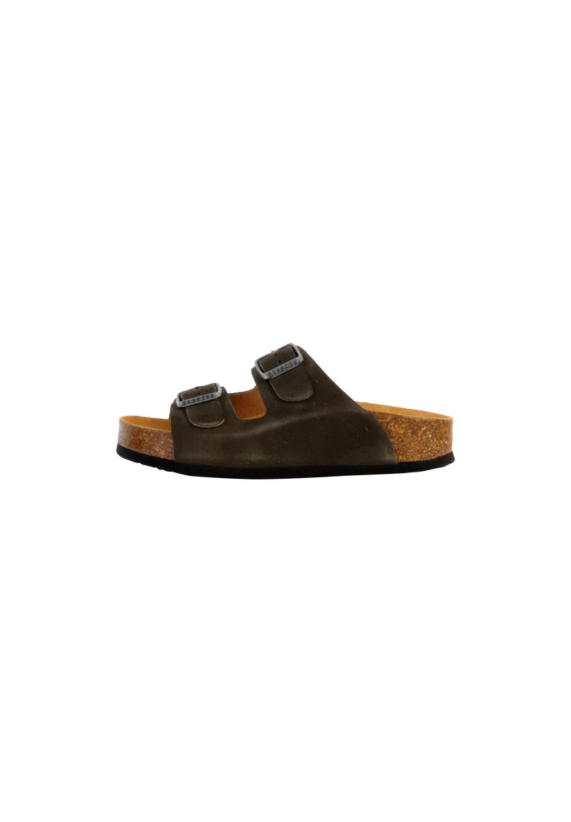 Sandale en cuir brun avec deux sangles réglables, semelle en liège et semelle en caoutchouc texturé. Matériau supérieur lisse ; design à bout ouvert.