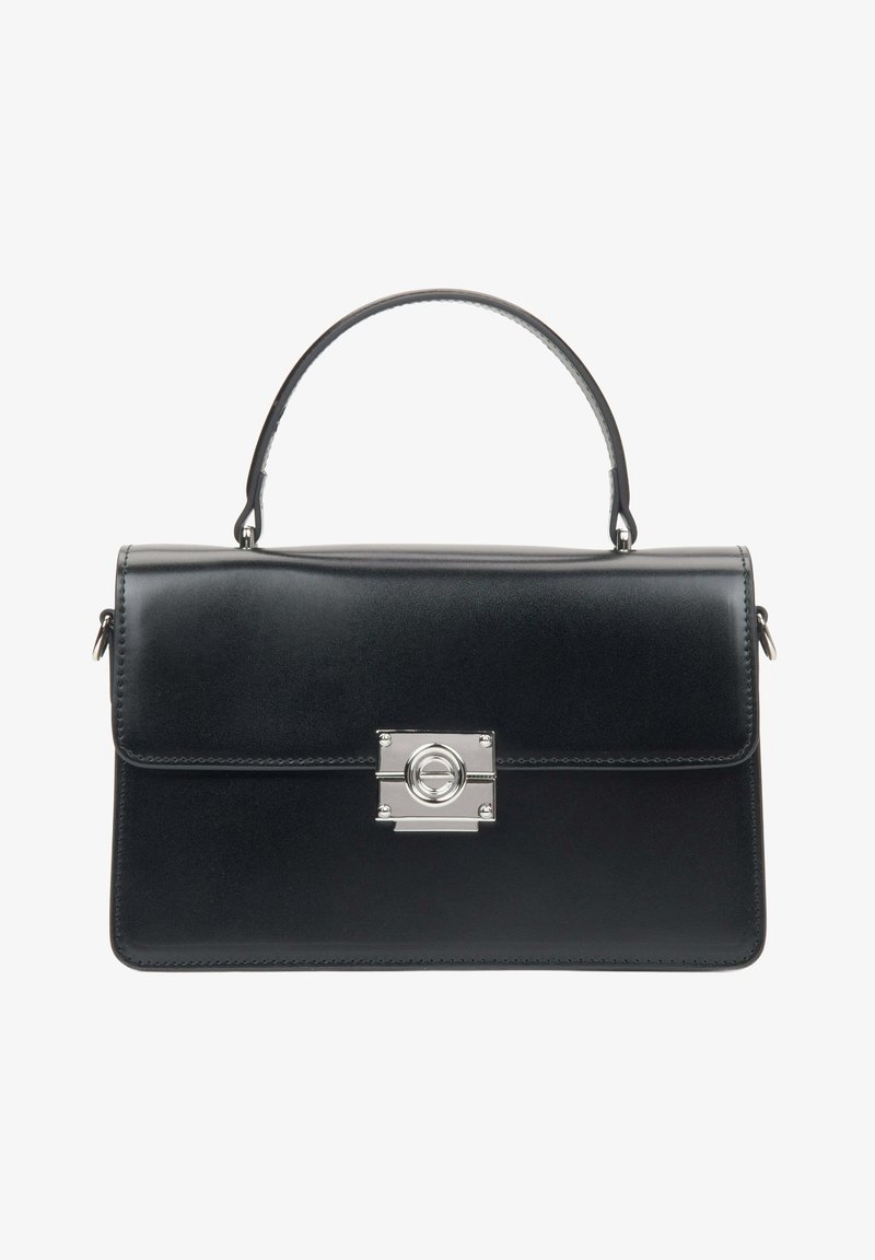 Czarna skórzana torebka o prostokątnym kształcie, z górnym uchwytem i srebrnym zapięciem na froncie. Gładka faktura z minimalnym przeszyciem.